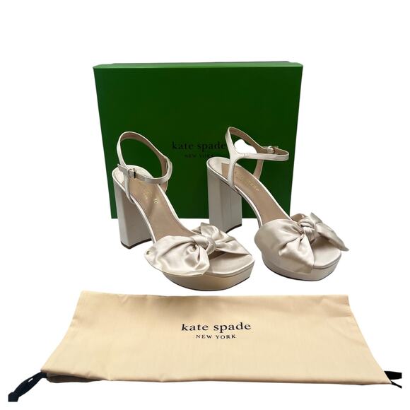Kate Spade Lucie Bow Strap Silk Platform Block Heels Sandals Ivory Size 10B - Picture 1 of 10